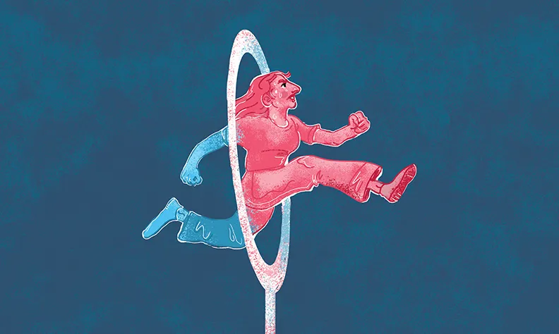 An illustration of a person stepping through an oval portal, with their front half in red emerging into a new space and their back half in blue still behind the portal, symbolizing transition or transformation against a dark blue background.